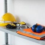 Fotografía de productos de seguridad industrial que muestra un casco amarillo, guantes de trabajo, gafas protectoras, chaleco reflectante naranja y orejeras azules organizados en un estante metálico gris