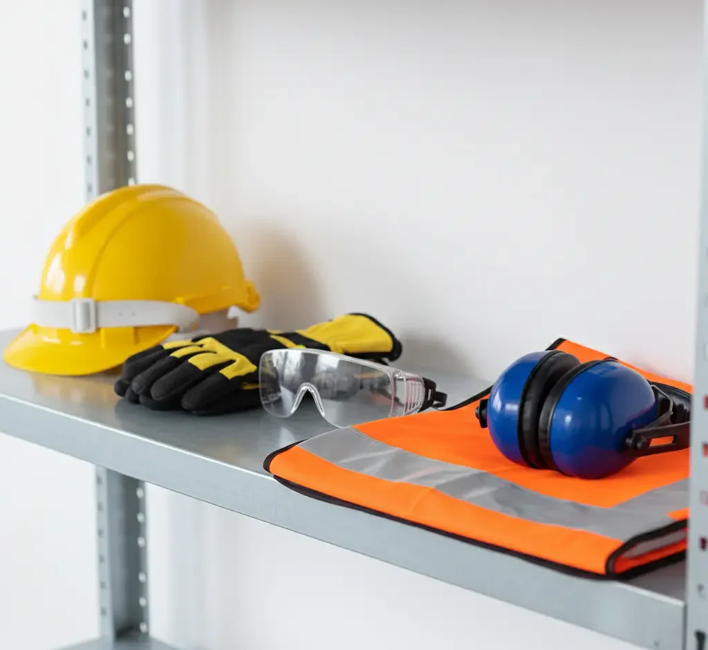 Fotografía de productos de seguridad industrial que muestra un casco amarillo, guantes de trabajo, gafas protectoras, chaleco reflectante naranja y orejeras azules organizados en un estante metálico gris