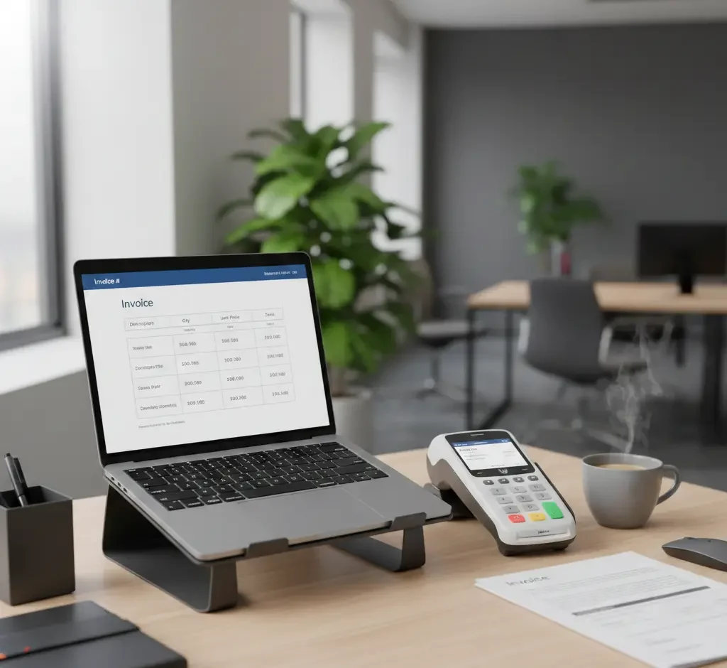 Portátil con pantalla de factura electrónica junto a un terminal de pago TPV sobre un escritorio en una oficina moderna