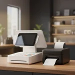 Sistema de punto de venta (POS) moderno sobre un mostrador de madera, que incluye una terminal blanca con pantalla táctil y teclado numérico junto a una impresora de tickets negra con un recibo impreso.