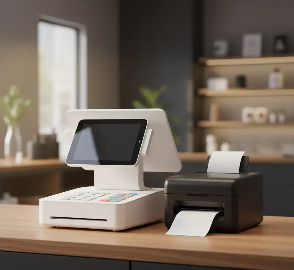 Sistema de punto de venta (POS) moderno sobre un mostrador de madera, que incluye una terminal blanca con pantalla táctil y teclado numérico junto a una impresora de tickets negra con un recibo impreso.